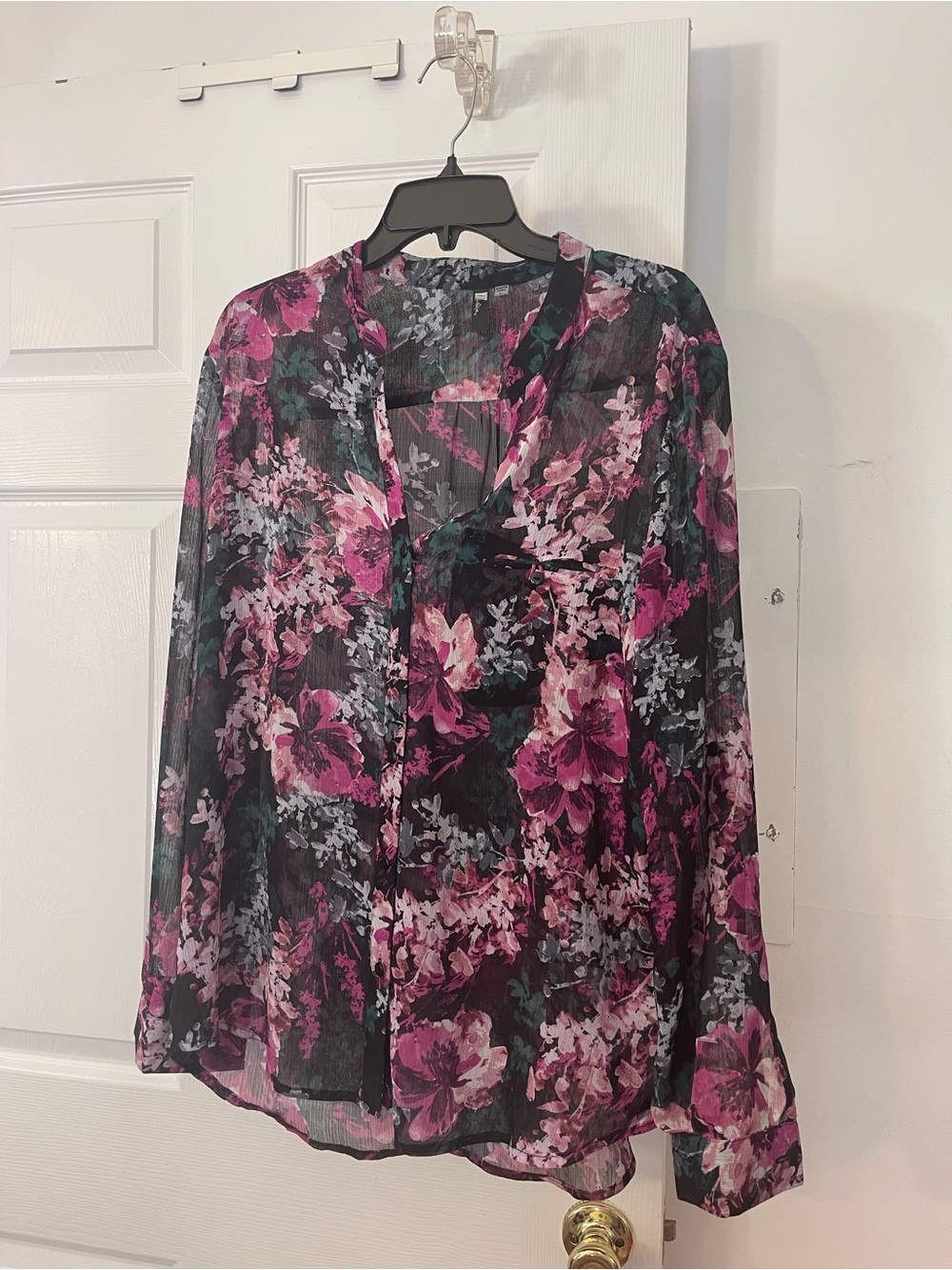 Kut from the Kloth Black Sheer Blouse with Pink Floral Print
